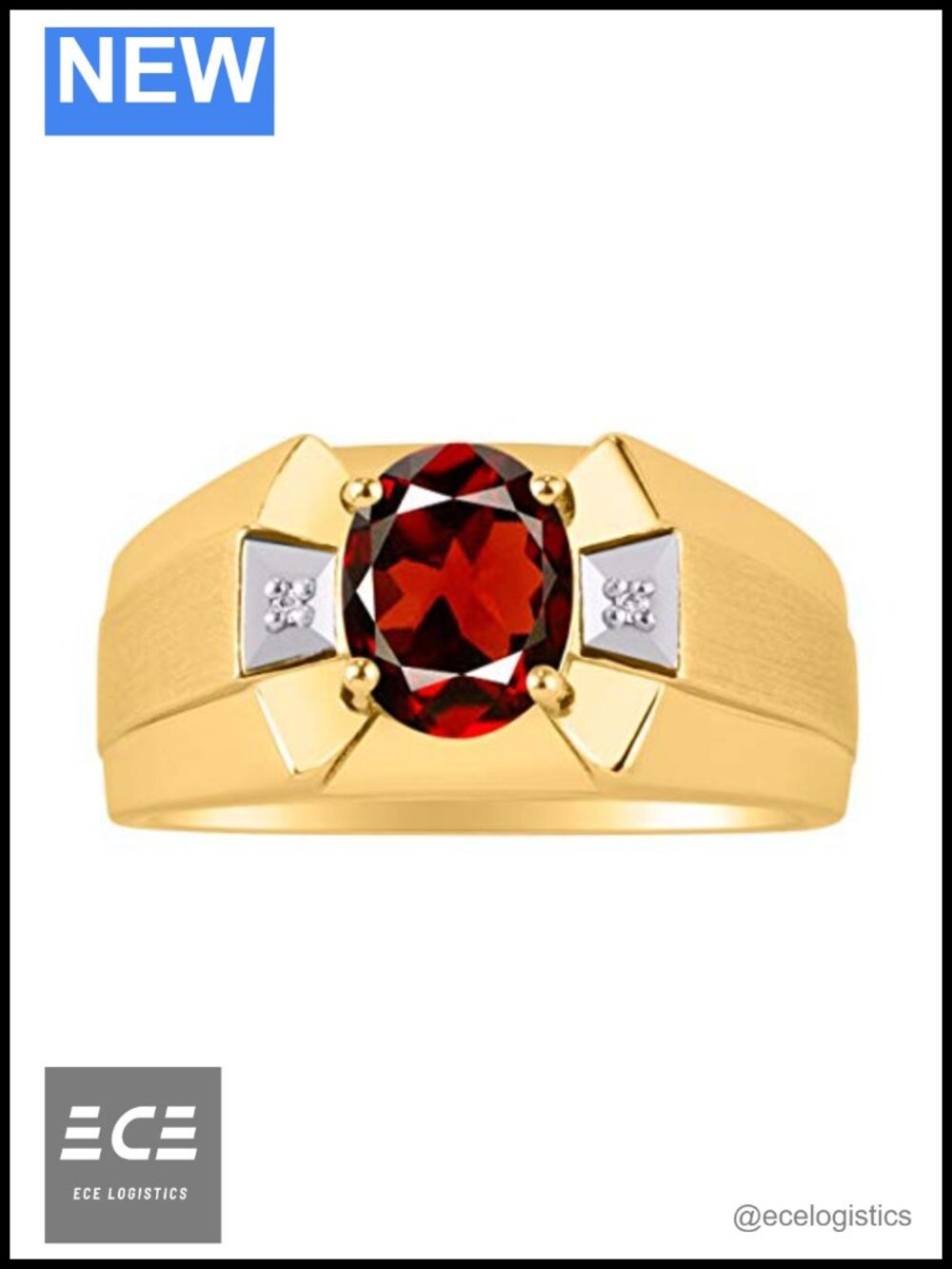 Yellow Gold Plated Silver Ring 9x7mm Oval Gemstone & Diamond Men's